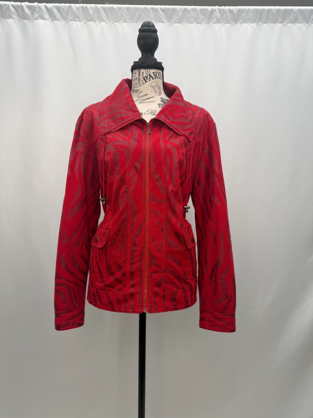 Women's Red Patterned Zip-Front Utility Jacket